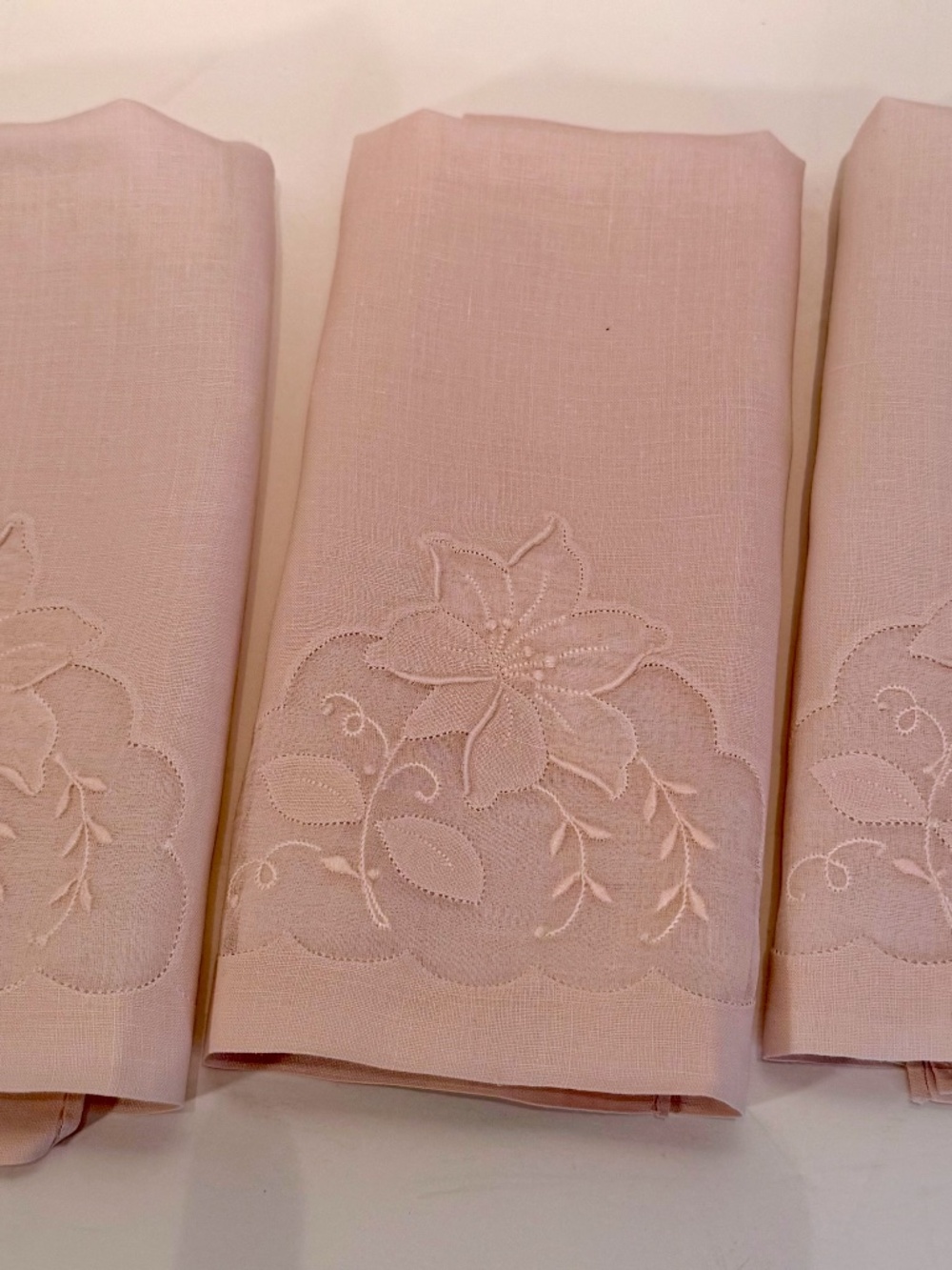 Three Vintage Pale Pale Pink Madeira Linen & Organza Fingertip Towels